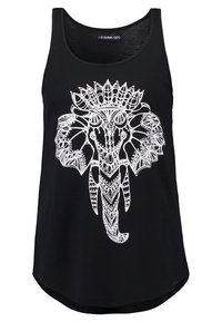 Black tank top with a white elephant graphic featuring intricate patterns and detailing. Made of soft fabric, with a rounded hem design.