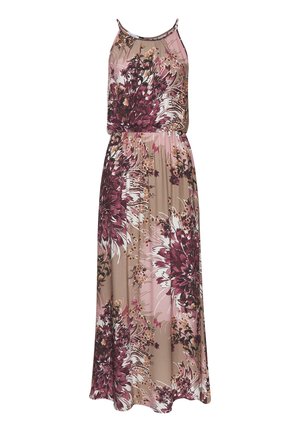 Sukienka maxi na cienkich ramiączkach, z wzorem kwiatowym w odcieniach fioletu, różu i beżu. Miękki materiał z elastycznym paskiem w talii.