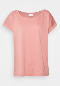 Short-sleeve T-shirt in soft, lightweight fabric. Features a round neckline and rolled sleeves. Color: light pink. Simple, unembellished design.