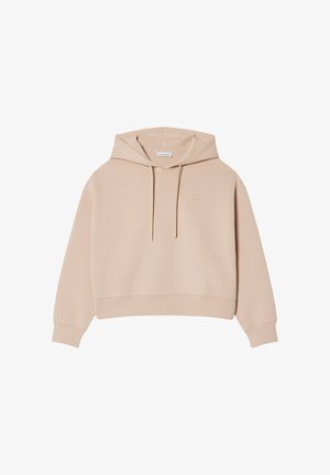 Sudadera con capucha beige recortada, mangas largas, capucha con cordón, puños acanalados y un sutil logo bordado en el pecho.