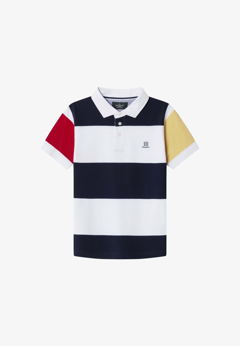 Polo à rayures horizontales bleu marine, blanc, rouge et jaune, avec patte à trois boutons, manches courtes et logo brodé sur la poitrine.