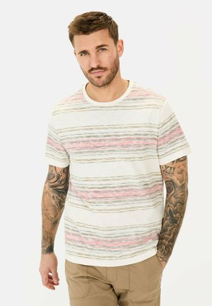Striped t-shirt made of lightweight fabric; features horizontal lines in pink, gray, and white; round neckline and short sleeves.