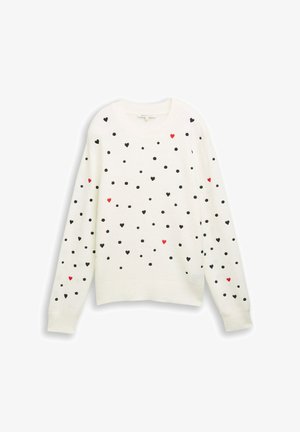 Witte trui met zwarte stippen en verspreide rode harten. Gebreide stof, ronde hals, lange mouwen, geribde manchetten en zoom.
