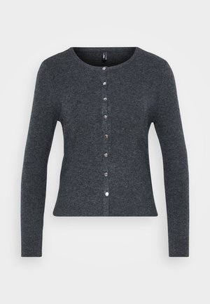 Donkergrijze gebreide cardigan met een ronde halslijn, lange mouwen en een knoopsluiting aan de voorkant. Kenmerkend zijn de zilveren knopen en het aansluitende ontwerp.