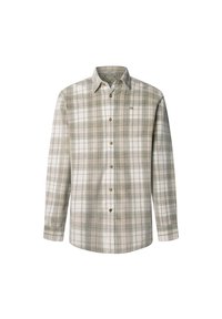 Camicia da uomo a maniche lunghe in leggero motivo a quadri con colori verde, beige e bianco. Presenta una chiusura con bottoni e colletto arrotondato. Materiale in cotone.