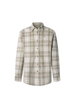 Camisa de hombre de manga larga con un patrón a cuadros claro en verde, beige y blanco. Tiene un cierre de botones y un cuello redondeado. Material de algodón.