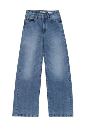 Dżinsy o szerokich nogawkach w jasnoniebieskim kolorze, z wysokim stanem, przednimi kieszeniami i subtelnym wyblaknięciem. Wytrzymały materiał o klasycznym kroju.