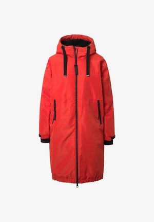 Rote wasserdichte Parka mit Kapuze, ausgestattet mit einem Reißverschluss auf der Vorderseite, verstellbaren Kordeln, zwei seitlichen Reißverschlusstaschen und elastischen Bündchen.