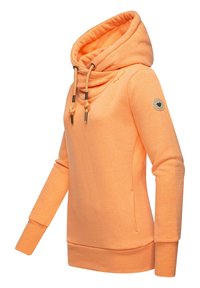 Felpa arancione con cappuccio, colletto a cowl, cordini regolabili e patch logo laterale. Realizzata in tessuto morbido con una superficie liscia.