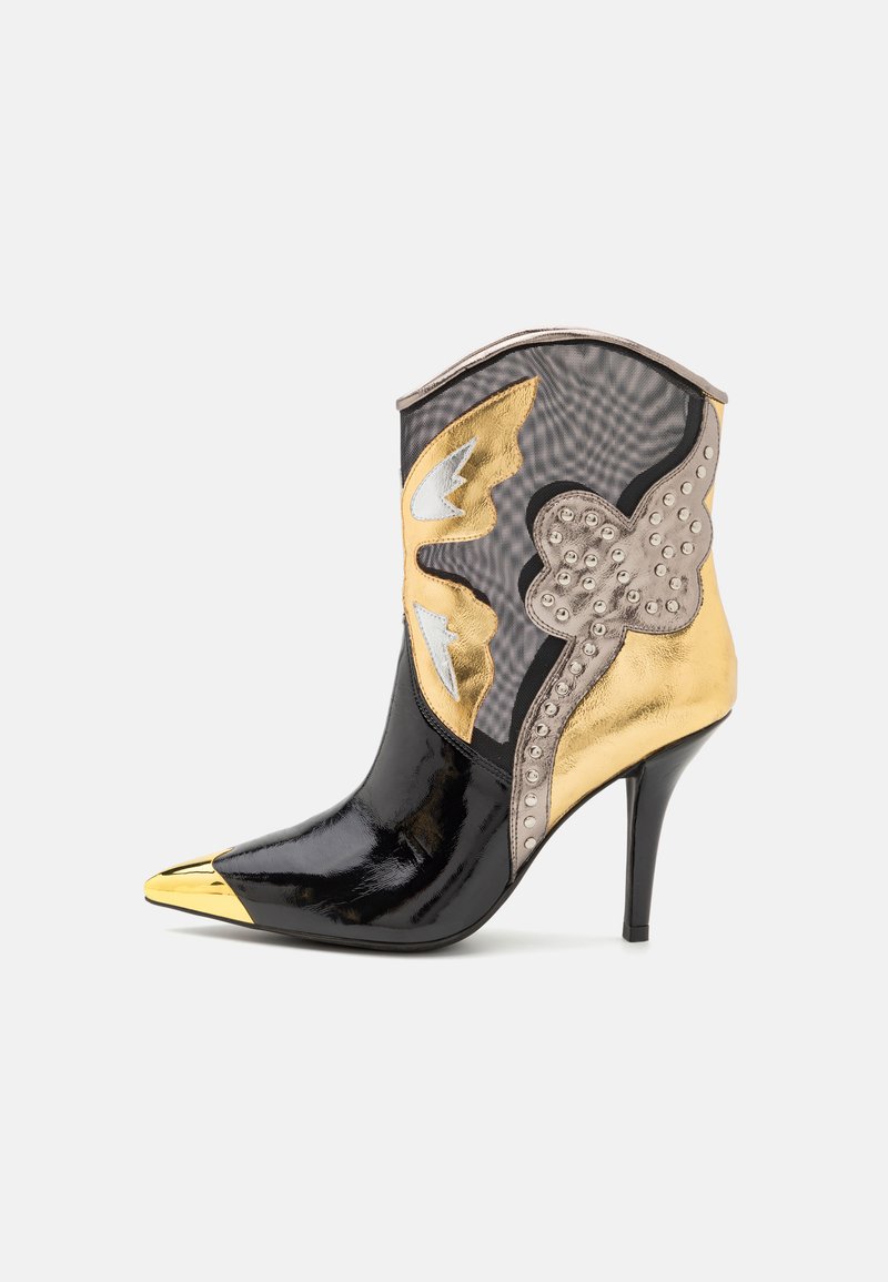 Bottines Talons En Satin Noir Brodé Multicolore - Taille 37, Occasion, Style Baroque Floral