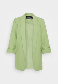 Ljusgrön blazer med en strömlinjeformad design, mjuk textur, öppen front och uppvikta ärmar, med en svart "PIECES"-etikett inuti.