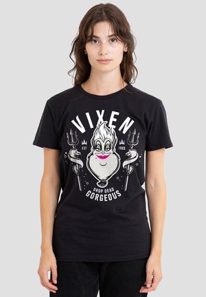 Black cotton t-shirt featuring a graphic design of a character with white hair and pink lips, text reads "VIXEN DROP DEAD GORGEOUS."