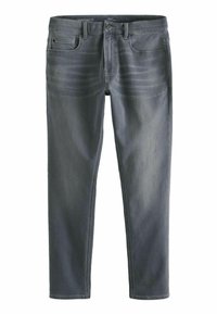 Szare dżinsy o slim fit, pięć kieszeni, subtelne przetarcia na udach oraz kontrastowe przeszycia.