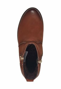 Brown leather ankle boot with a smooth finish, side zipper detail, and a soft, textured interior lining. Rounded toe shape.