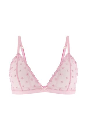 Reggiseno a triangolo in tulle rosa chiaro con ricamo a forma di cuore, spalline regolabili e un piccolo fiocco al centro davanti.