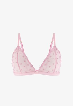 Reggiseno a triangolo in tulle rosa chiaro con ricamo a forma di cuore, spalline regolabili e un piccolo fiocco al centro davanti.