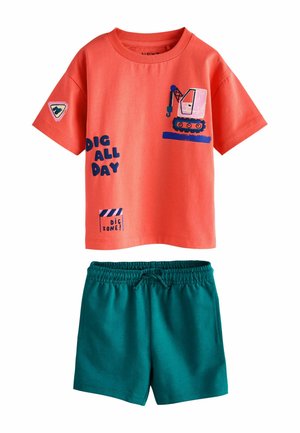 Coral short-sleeve shirt with construction crane graphic, "Dig All Day" text, and teal elastic waist shorts with drawstring.