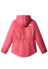 Rosa huva jacka med elastisk midja och ärmslut, med vit The North Face-logotyp på övre ryggen, sedd bakifrån.