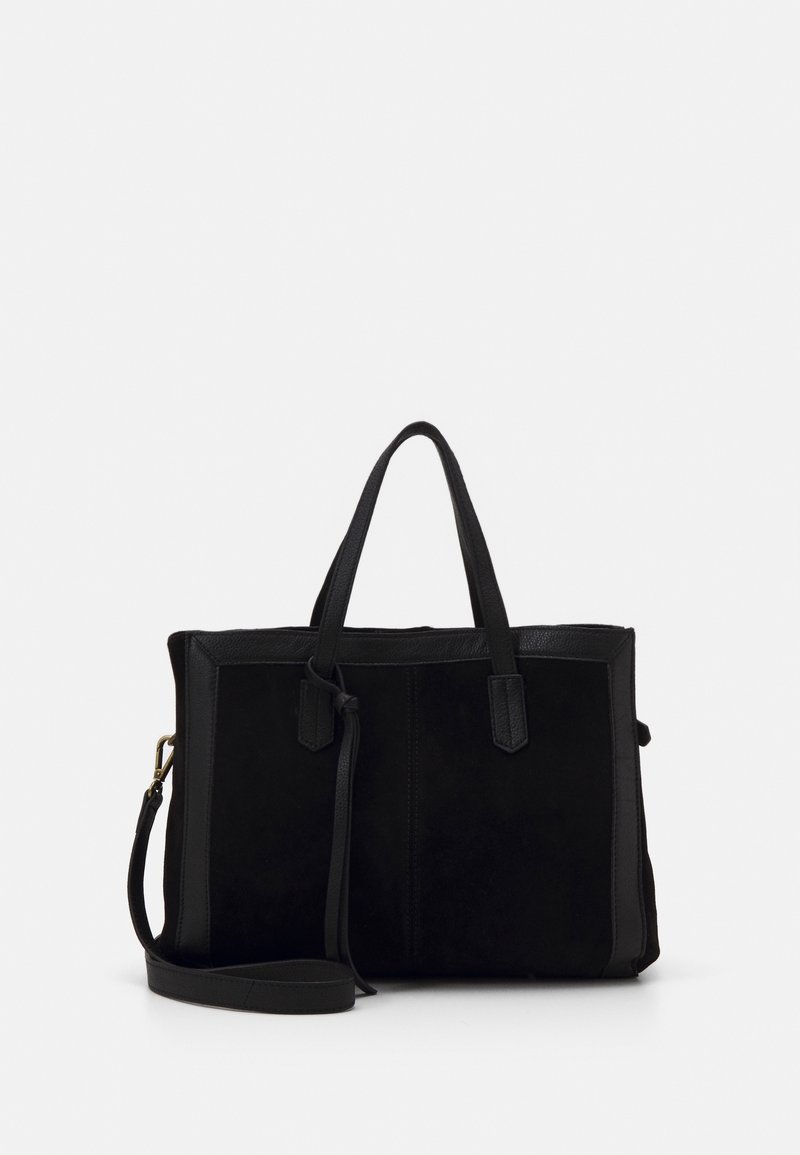 Black handbag with smooth leather accents, rectangular shape, dual top handles, detachable shoulder strap, and textured suede sides.