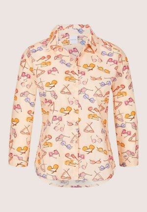 Hemdenhemd aus weichem Stoff mit einem pfirsichfarbenen Hintergrund und einem Muster aus bunten Sonnenbrillen in Pink-, Orange- und Lilatönen.