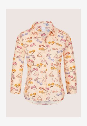 Hemdenhemd aus weichem Stoff mit einem pfirsichfarbenen Hintergrund und einem Muster aus bunten Sonnenbrillen in Pink-, Orange- und Lilatönen.