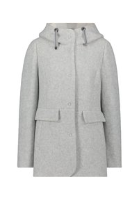Cappotto di lana grigia con cappuccio, bottoni frontali, due tasche a patta e dettagli con cordoncino. Texture morbida con un design leggermente strutturato.
