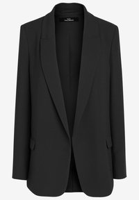 Blazer noir sur mesure en tissu lisse, avec un revers cranté, deux poches latérales et une fermeture à un bouton.