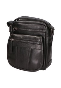 Borsa a tracolla nera in pelle con tracolla regolabile, due tasche frontali con zip e una texture liscia. Design compatto a forma quadrata, hardware resistente.