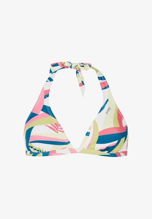 Top de bikini triangular en tela elástica. Presenta un patrón colorido con acentos en rosa, verde y azul. Se ata al cuello para un ajuste ajustable.