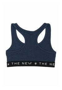 Marineblaue Sport-BH mit Racerback-Design, ausgestattet mit einem schwarzen elastischen Band mit weißer Aufschrift "THE NEW". Glattes, dehnbares Material, nahtloses Finish.