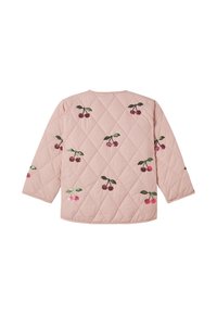 Lichtroze doorgestikte jas met kersenborduursel en lange mouwen, vanaf de achterkant getoond op een witte achtergrond.