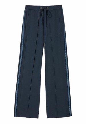 Wide-leg navy pants made of soft fabric, featuring a drawstring waist and contrasting blue side stripes for detail and design.