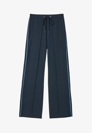 Wide-leg navy pants made of soft fabric, featuring a drawstring waist and contrasting blue side stripes for detail and design.