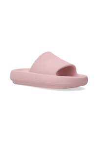 Pink slide sandal with a textured upper, open toe design, and a thick rubber sole. Smooth material with no visible hardware or accents.