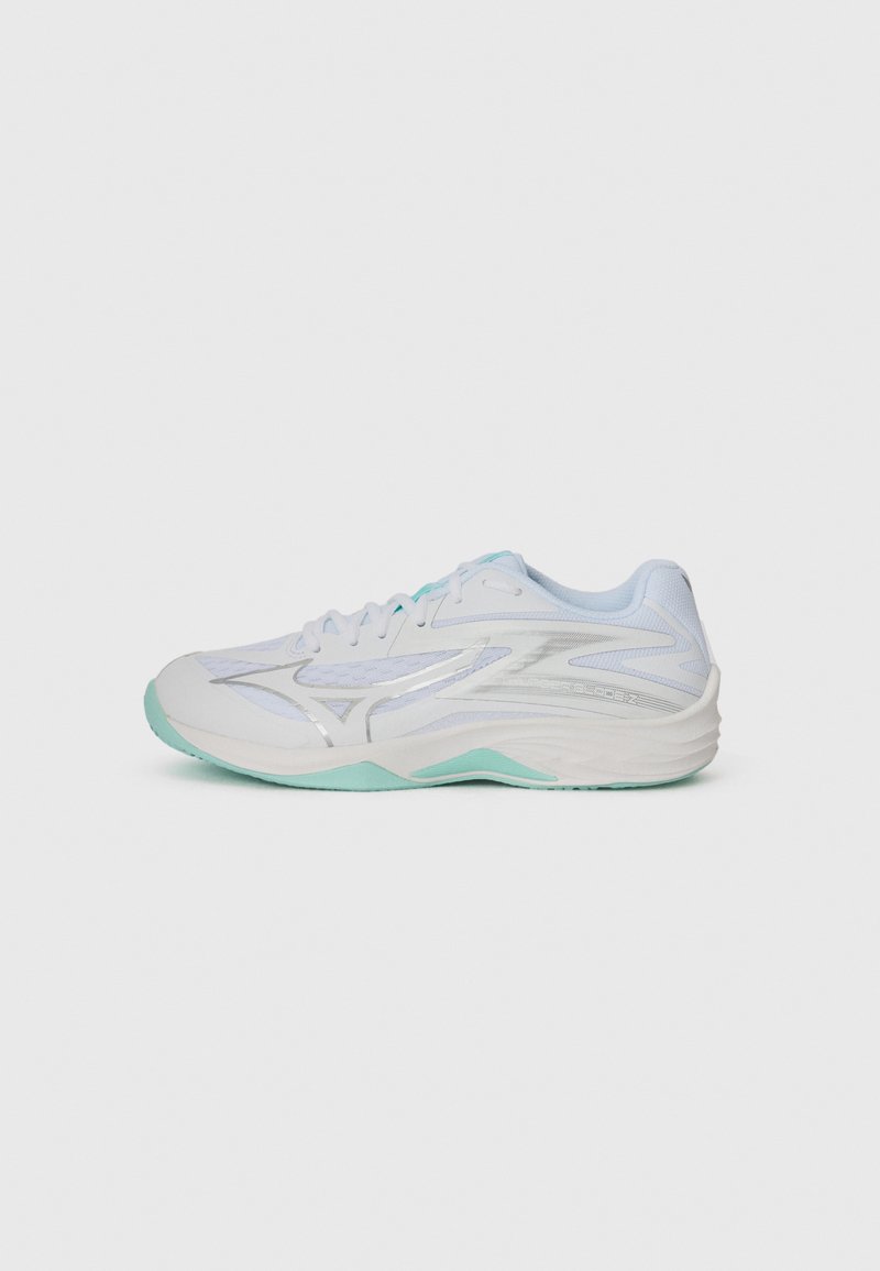White athletic shoe with light blue accents and silver details. Features a breathable mesh upper, rounded toe, and textured sole.