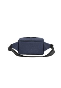 Borsa a tracolla in tessuto blu navy con una forma rettangolare elegante, dotata di una cerniera superiore e di una tracolla nera regolabile. Texture liscia con dettagli minimi.
