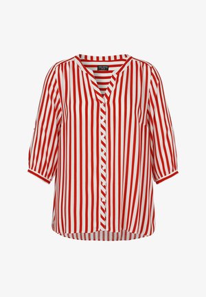 Blouse à rayures rouges et blanches avec un col en V, manches mi-longues, fermeture par boutons à l'avant et coupe ample ; fabriquée en tissu léger adapté aux temps chauds.