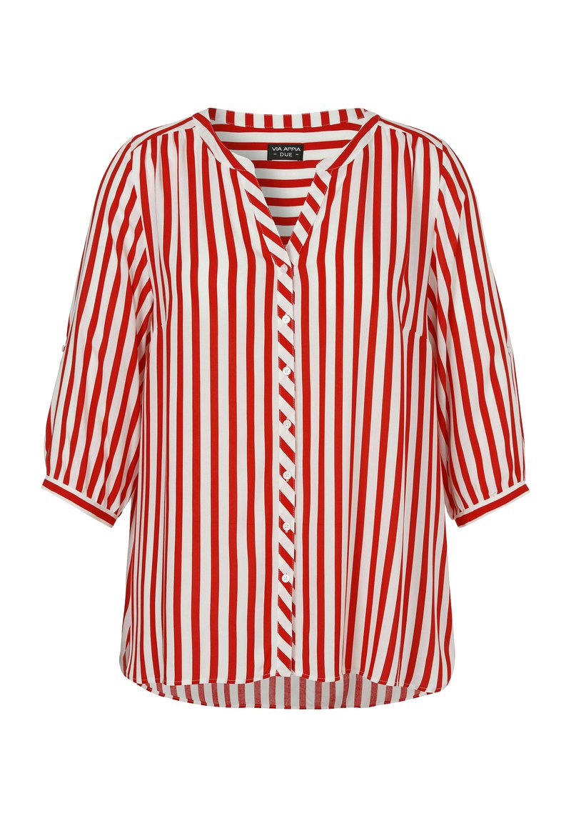 Blouse à rayures rouges et blanches avec un col en V, manches mi-longues, fermeture par boutons à l'avant et coupe ample ; fabriquée en tissu léger adapté aux temps chauds.