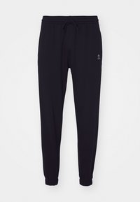 Melnas sporta bikses ar elastīgu jostu un saites auklu. Cuffs pie potītēm. Ar mazu logotipu augšējā augšstilbā. Mīksta tekstūra.