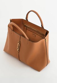 Braune, strukturiert Lederhandtasche mit zwei Griffen, goldener Verschlussdetail an der Vorderseite und einem innere Reißverschlussfach.