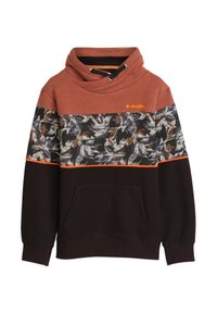 Hoodie in roestkleur, met een decoratief gestreept en bloemdessin op de borst, afgewerkt met een oranje accent en een voorzak.