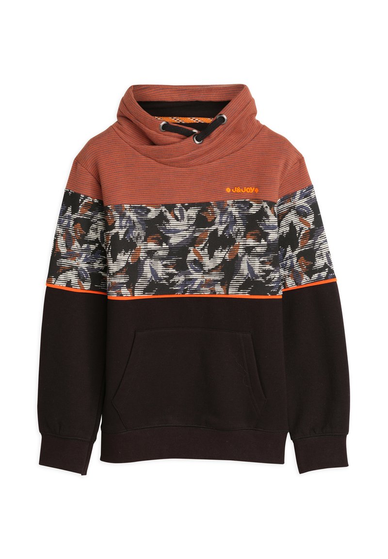 Hoodie in roestkleur, met een decoratief gestreept en bloemdessin op de borst, afgewerkt met een oranje accent en een voorzak.