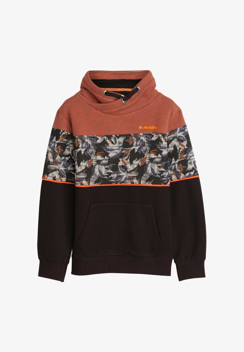 Hoodie in roestkleur, met een decoratief gestreept en bloemdessin op de borst, afgewerkt met een oranje accent en een voorzak.
