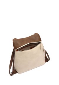 Naha nahkristcrossbody kott, millel on beež keha ja pruun ülaosa. Omab lukuga kinnitamist ja reguleeritavat rihma. Sile tekstuur koos sisemise taskuga.