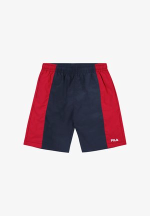 Pantaloncini sportivi da uomo con fascia elastica in vita, pannello centrale blu navy, pannelli laterali rossi e logo Fila bianco sulla parte inferiore della gamba destra.