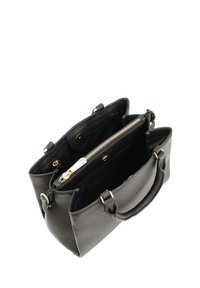 Zwarte leren handtas met goudkleurige hardware, voorzien van zijvakken en een ritsvak, met een gestructureerd oppervlak en stevige handvatten.