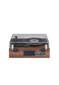 Giradiscos de correa con base de madera, cubierta transparente contra el polvo, plato negro y panel de control con puertos de entrada/salida de audio.