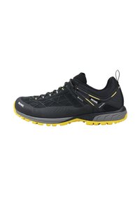 Scarpe da trail con tomaia in mesh nero con dettagli testurizzati, suola in gomma gialla, puntale rinforzato e dettagli riflettenti.
