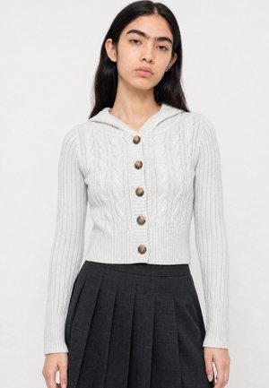 Jeune femme aux longs cheveux foncés portant un cardigan gris clair en maille torsadée boutonné et une jupe plissée foncée sur un fond uni.