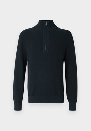 Dark navy ribbed pullover sweater with a zippered mock neck and long sleeves. Featuring fitted cuffs and hem for a snug fit.